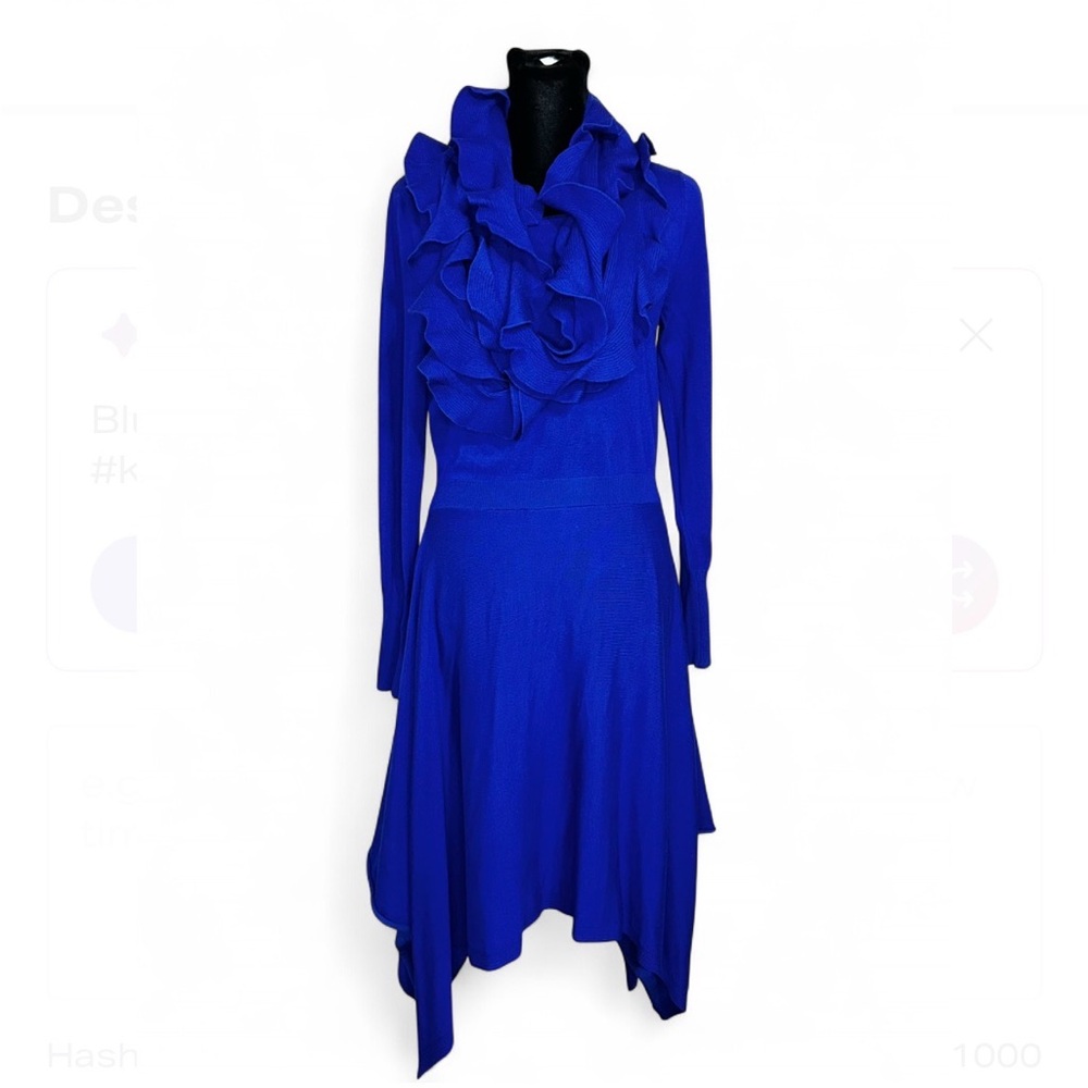 NINA LEONARD Royal Blue Knit Long Sleeve Dress S, W/ Ruffle Scarf as an Acc.